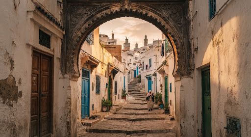 A historic alley in the Casbah of Algiers framed by a Maghrebi arch